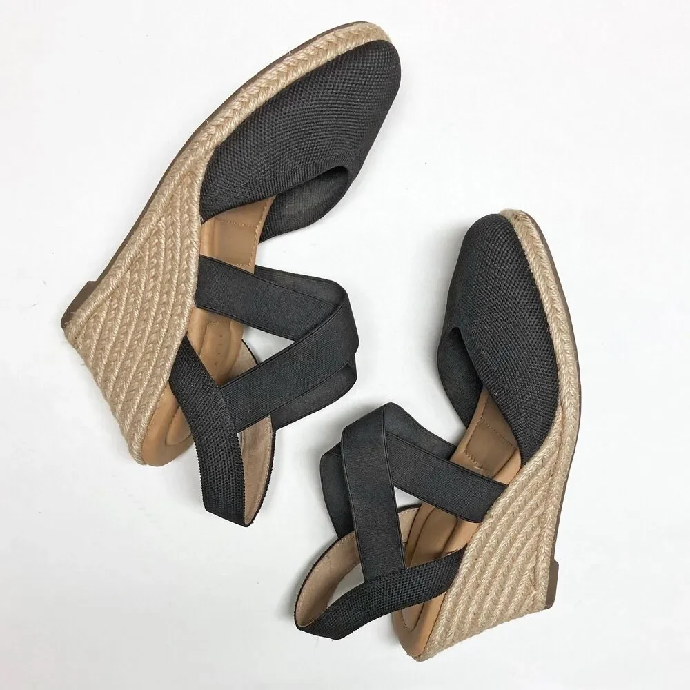 Kelly & Katie Brynn Black Espadrille Wedge Sandals Size 8.5 Crossover Straps
